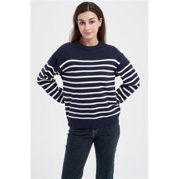 Womens Striped Jacquard Crewneck Sweater Navy White - Picture 3 of 6